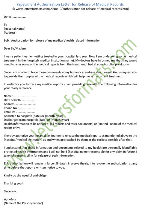 Authorization Letter For Release Of Medical Records Sample