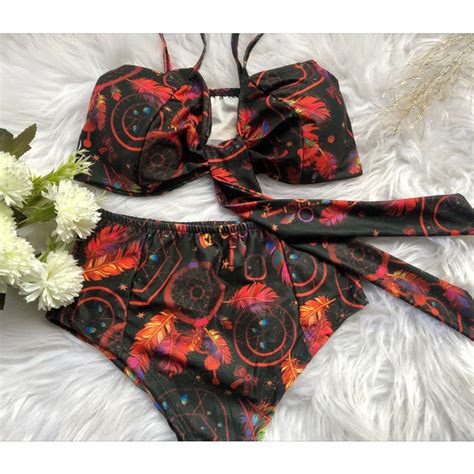 Biquíni Laço Cintura alta Estampado Promoção Hot Pants varias estampa modelo Shopee Brasil