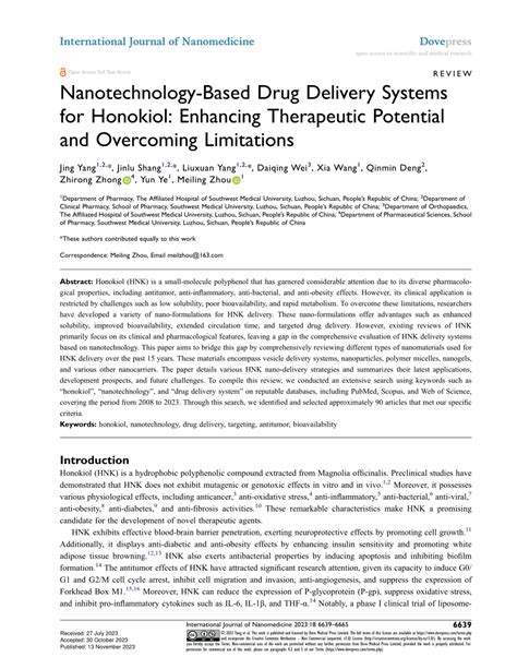 Pdf Nanotechnology Based Drug Delivery Systems For Honokiol