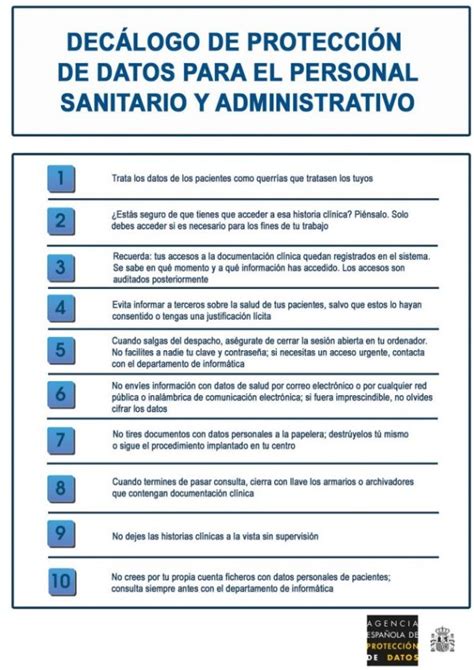 Decálogo De Protección De Datos Para Personal Sanitario Y