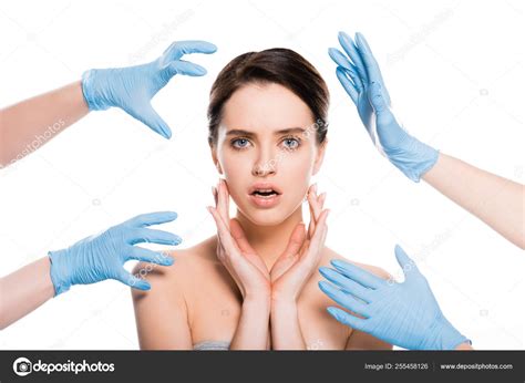 Cropped View Plastic Surgeons Blue Latex Gloves Face Surprised Girl