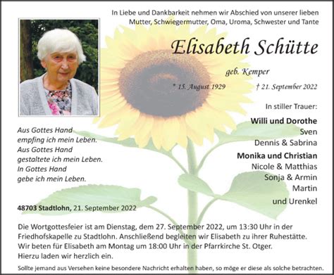 Traueranzeigen Von Elisabeth Sch Tte Sich Erinnern De