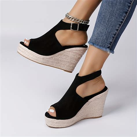 Espadrille Wedge Sandals Women S Peep Toe Buckle Strap Temu Canada