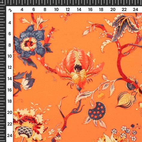 Orange Floral Pattern Digital Print Crepe Silk Fabric Fabcurate