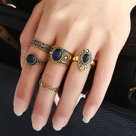 Vintage Boho Jewelry Ring Set For Women Crystal Finger Rings Retro