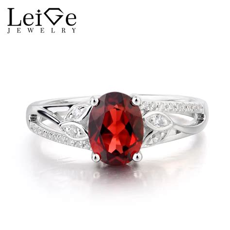 Leige Jewelry Wedding Ring Natural Garnet Ring January Birthstone Oval