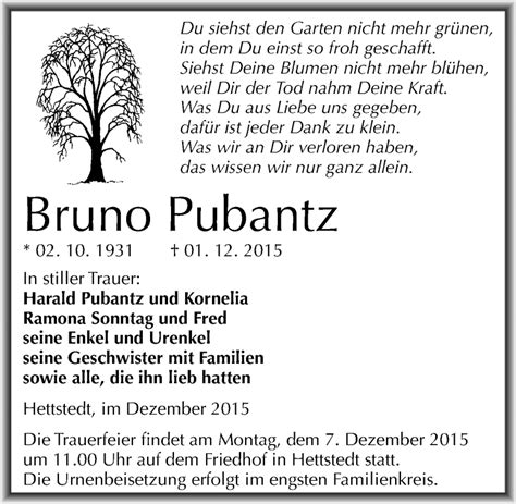 Traueranzeigen Von Bruno Pubantz Abschied Nehmen De