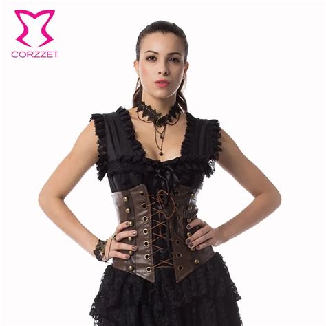 Brown Lace Up Steel Boned Underbust Corset Steampunk Clothing Korsett For Women Sexy Leather