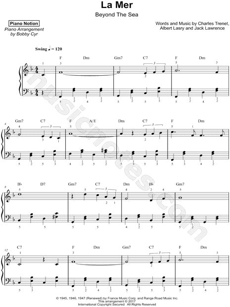 Piano Notion Beyond The Sea La Mer Sheet Music Piano Solo In F Major Download And Print