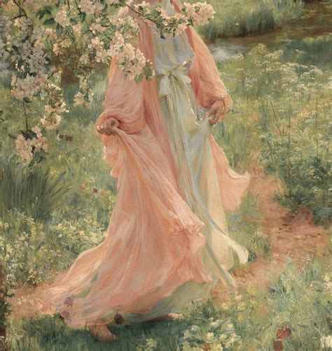 A Painting Of A Woman In A Long Dress Walking Through A Field With