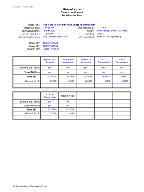 Fillable Online Bid Tabulation Form 08 September 2022 Xlsx Fax Email