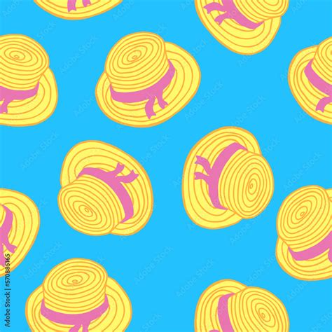 Straw hat seamless pattern. Hand drawn vector illustration in cartoon flat style on blue ...