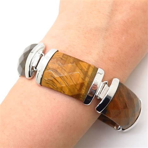 925 Sterling Silver Real Tiger Eye Gemstone Wide Link Bracelet 7 1 4