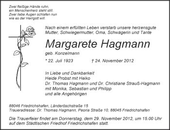 Traueranzeigen Von Margarete Hagmann Schwaebische De Trauerportal