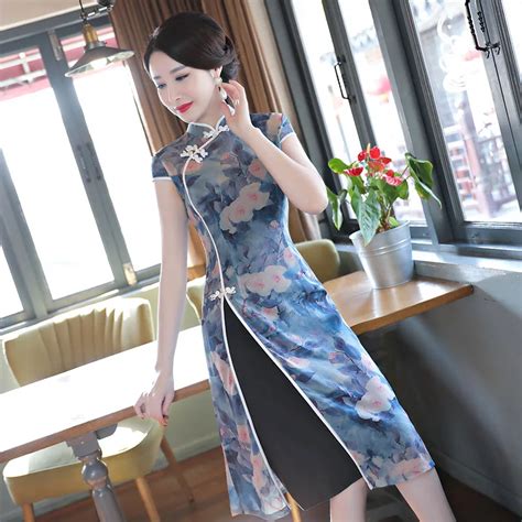 Qipao Dresses Blue Dresses Cheongsam Dress Nail Bead Cheongsams Dress