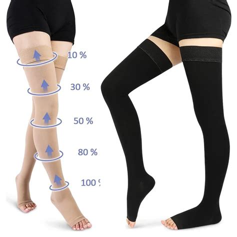 1pair Women Open Toe Thigh High Compression Stockings With Silicone Band 20 30mmhg Graduated