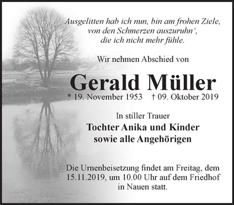 Traueranzeigen von Gerald Müller Märkische Onlinezeitung Trauerportal