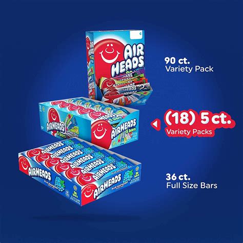 Airheads Candy Assorted Flavors 5 Full Size Bars Per Pack Box Of 18 Packs