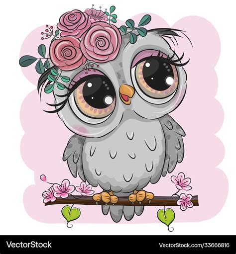 Cartoon Owl With Flowers Is Sitting On A Branch Vector Image