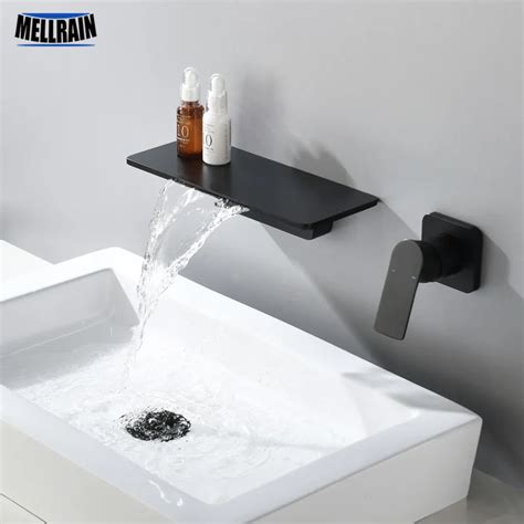 Waterfall Faucet Matte Black Wall Mounted Bathroom Bathtub Faucet Large Shelf Platform Basin