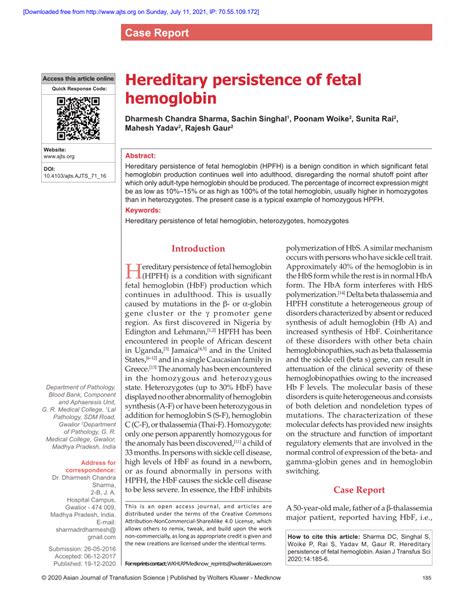 PDF Hereditary Persistence Of Fetal Hemoglobin