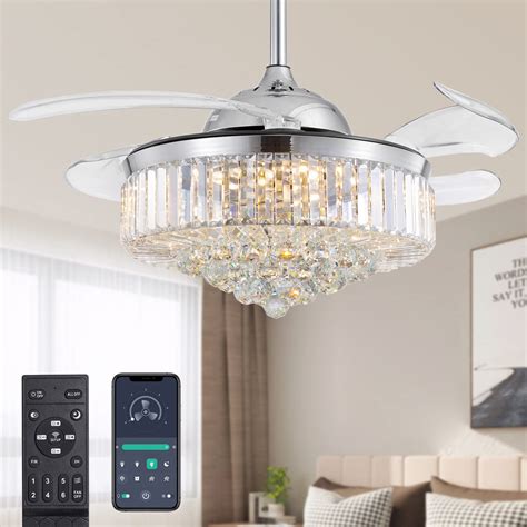 Moooni Modern Inches Dimmable Fandelier Crystal Retractable Ceiling