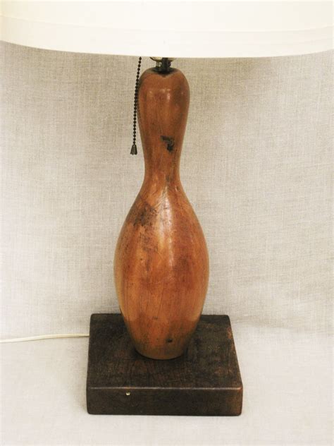 Vintage Folk Art Handmade Wooden Bowling Pin Table Lamp Sports Turned