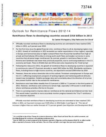 Outlook for Remittance Flows 2012-14 : Remittance Flows to Developing Countries Exceed $350 ...