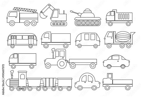 Coloring Book Set Of Transport Car Bus Train Fire Truck Concrete