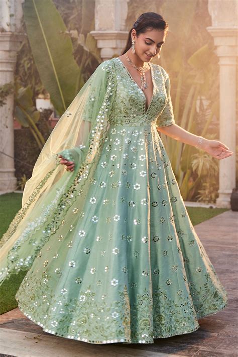 Buy Green Dupion Crepe Embroidery Mirror Plunge V Floral And Anarkali