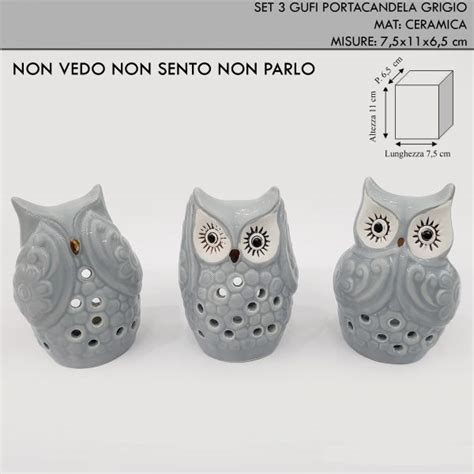 Set 3 Gufetti Portacandela In Ceramica Grigi Non Vedo Non Sento Non