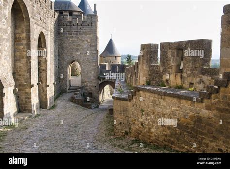 Carcassonne castle, view of the port de l'Aude from the inside Stock ...