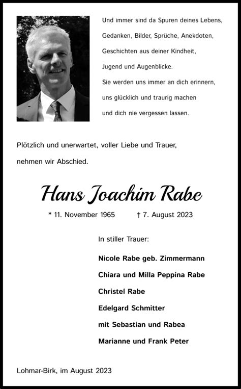 Traueranzeigen Von Hans Joachim Rabe WirTrauern