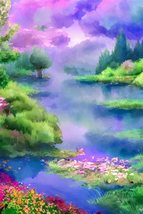 Beautiful Digital Watercolor Painting Of Fantasy Lake Stable