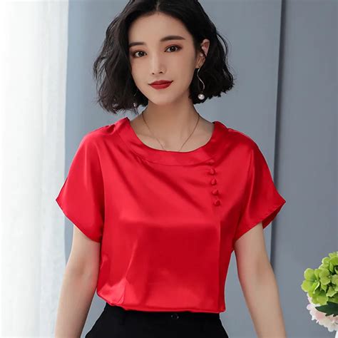 Korean Silk Blouses Women Satin Blouse Tops Summer Woman Short Sleeve