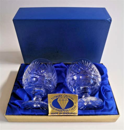 Pair Of Tutbury Lead Crystal Brandy Glasses Boxed Vgc Mouth Blown Hand