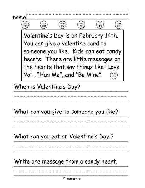 Valentines Day Comprehension Worksheet For 1st 2nd Grade Lesson Planet