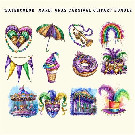 Watercolor Mardi Gras Carnival Clipart Bundle Masterbundles