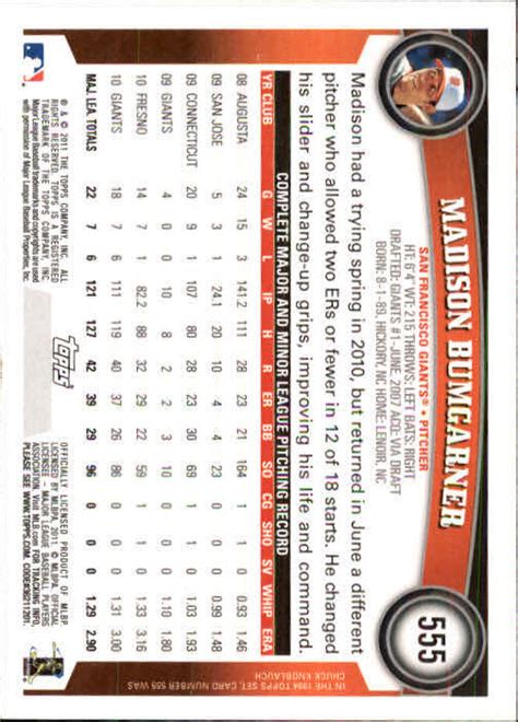 2011 Topps San Francisco Giants Baseball Card 555 Madison Bumgarner EBay