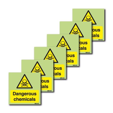 6 Pack Nite Glo Photoluminescent Dangerous Chemicals Signs Seton