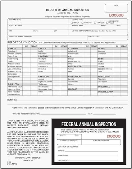 J J Keller 50 Pack Record Of Annual Inspection Form With Inspection Decal 2 Ply