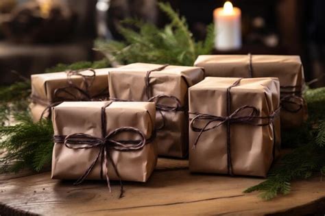 Premium AI Image Christmas Presents Wrapped In Craft Paper And Tied