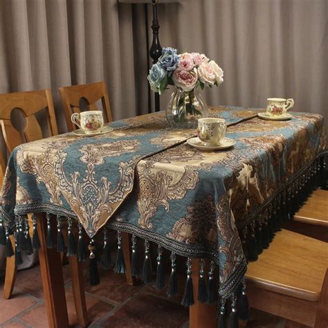 CURCYA European Blue Chenille Jacquard Luxury Table Cloth Formal Dining ...