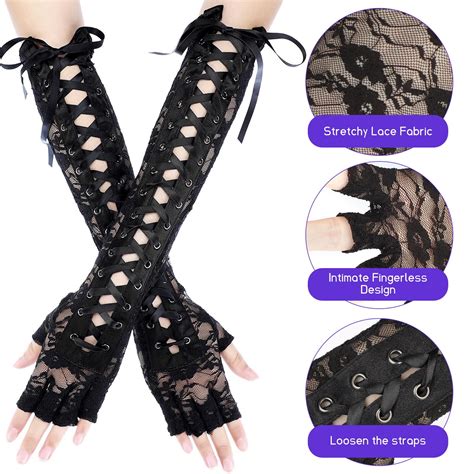 Women S Sexy Elbow Length Fingerless Lace Up Arm Warmer Party Long Lace