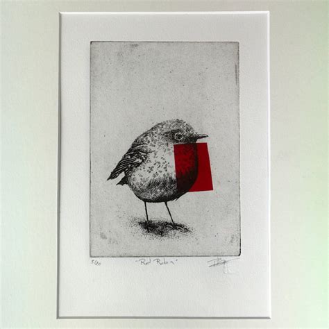 Original Etching With Vintage Frame Limited Edition Fine Art Print Intaglio Bird Red Robin