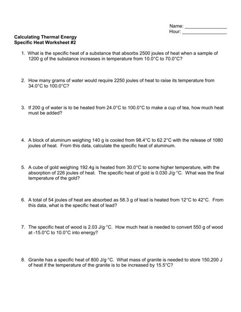 Heat And Heat Calculations Worksheets