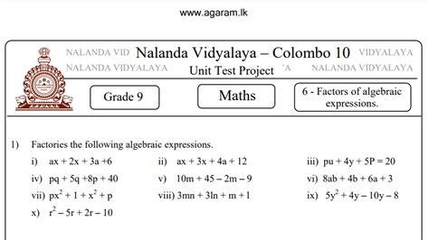 Mathematics Nalanda College Unit Exam Paper 06 Grade 09