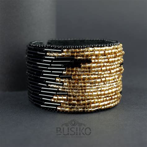 Wide Black Gold Beaded Cuff Bracelet Statement Big Bracelet High