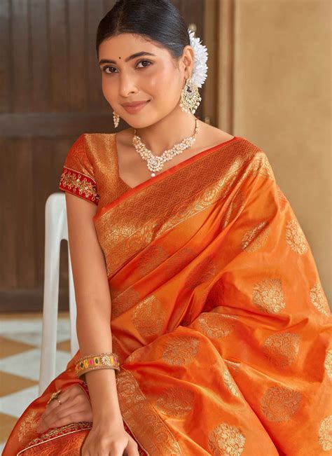 Orange Banarasi Silk Weaving Contemporary Saree Low Price