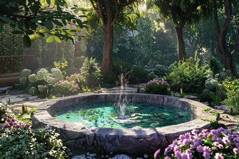 Premium Photo A Tranquil Garden With A Bubbling Fountain Octane